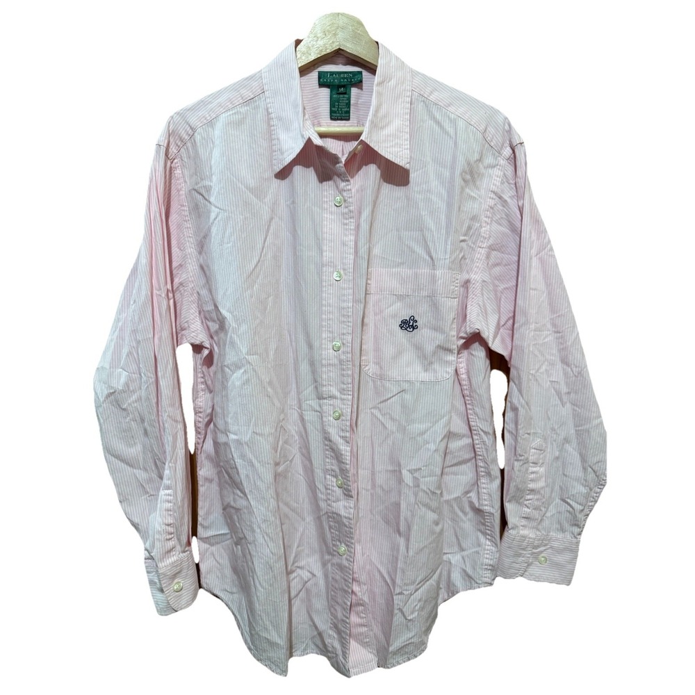 Lauren Ralph Lauren RLL Shirt Women's 14 Pink Striped LS Button Up Cotton EUC